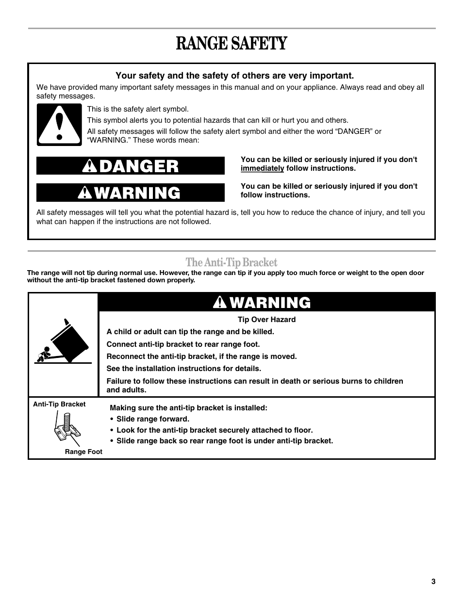 Safety, Range safety, Warning | The anti-tip bracket | Whirlpool GR450LXH User Manual | Page 3 / 20
