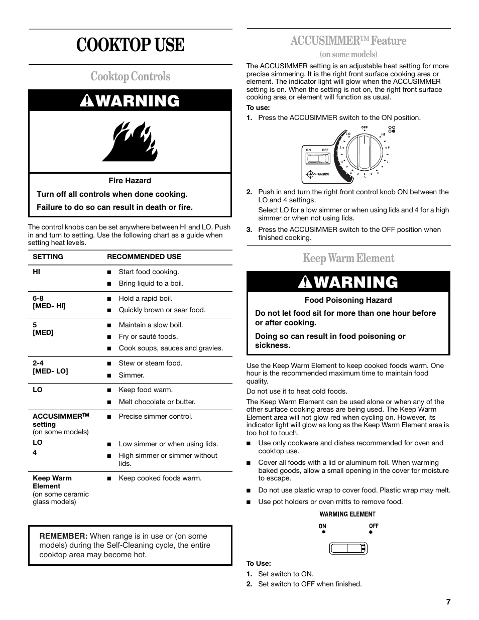 Cooktop use, Warning, Cooktop controls | Accusimmer™ feature, Keep warm element, On some models) | Whirlpool GR450LXH User Manual | Page 7 / 20