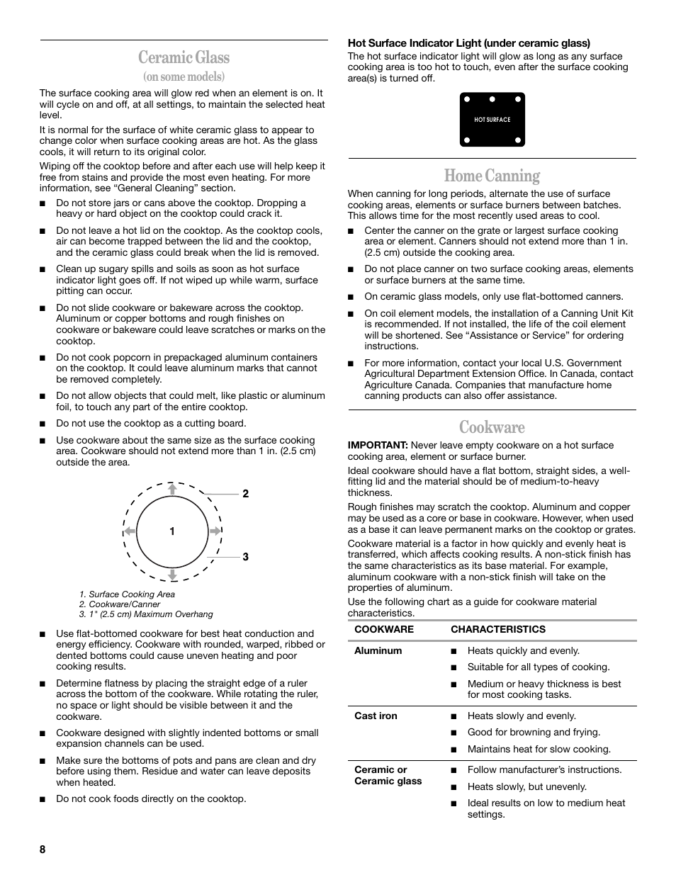 Ceramic glass, Home canning, Cookware | On some models) | Whirlpool GR450LXH User Manual | Page 8 / 20