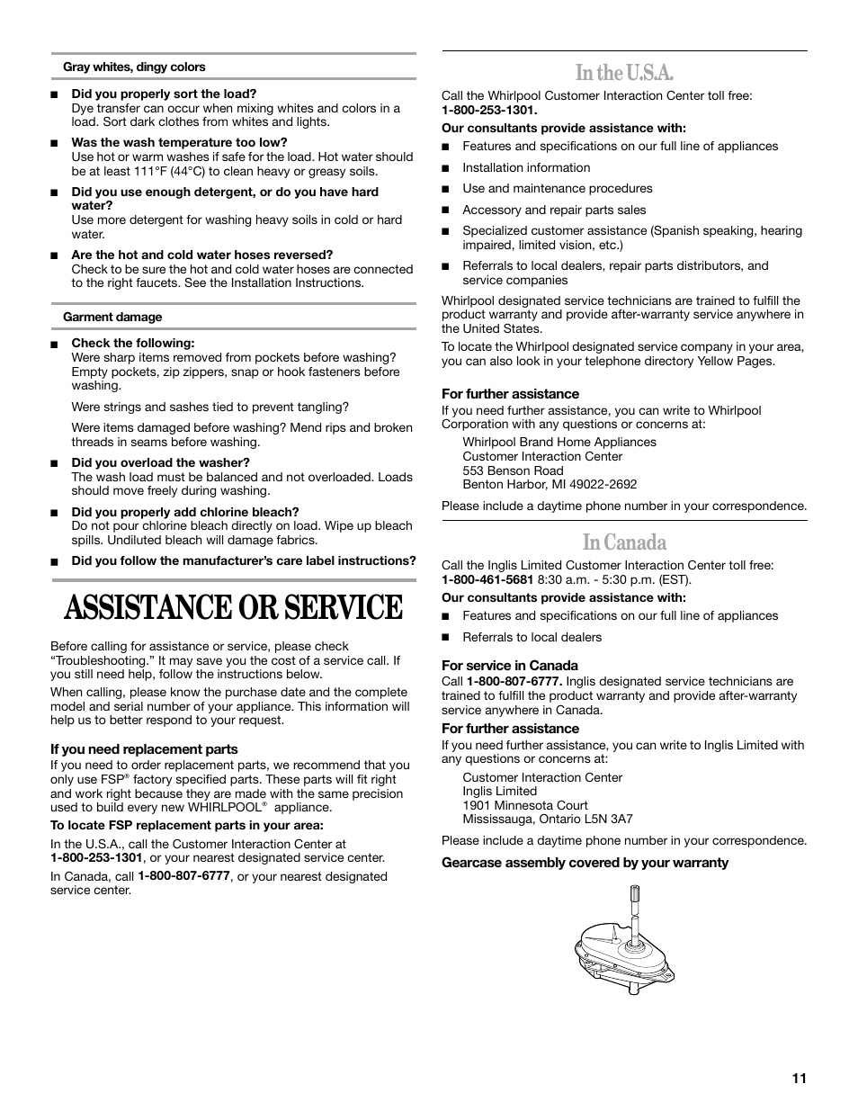Assistance or service | Whirlpool 3955155A User Manual | Page 11 / 12