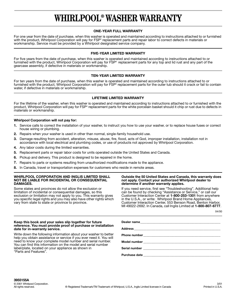 Warranty, Whirlpool, Washer warranty | Whirlpool 3955155A User Manual | Page 12 / 12