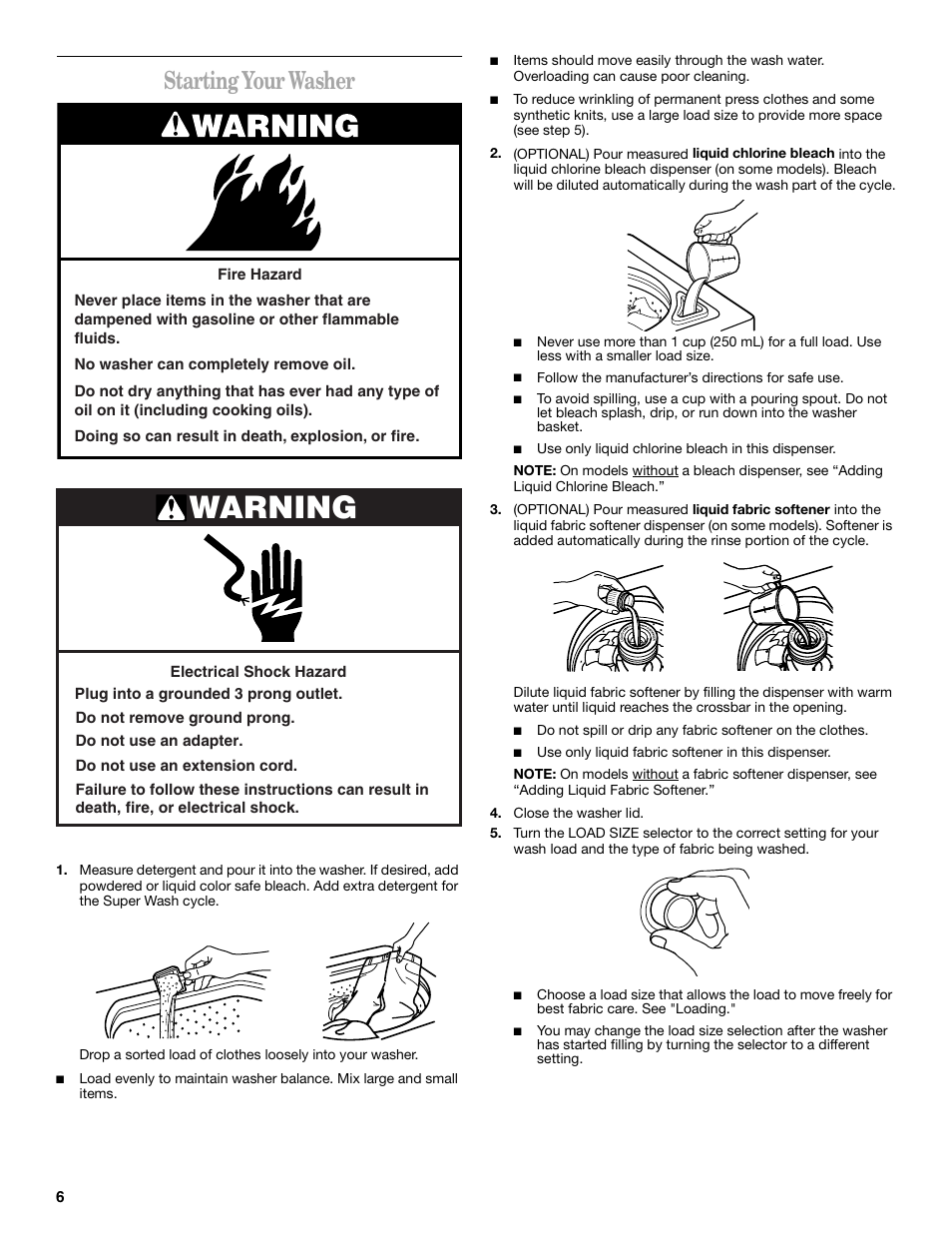 Warning, Starting your washer | Whirlpool 3955155A User Manual | Page 6 / 12