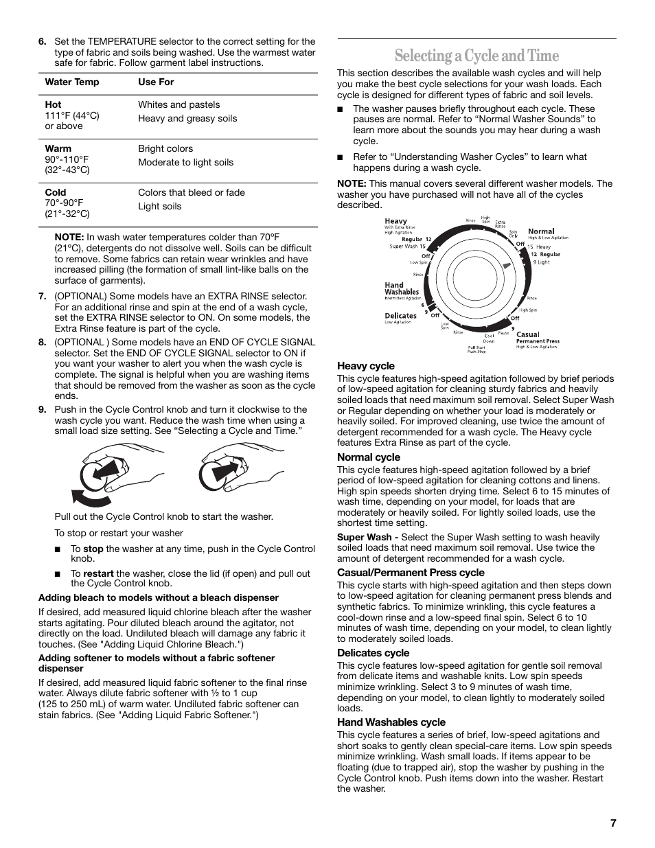 Selecting a cycle and time | Whirlpool 3955155A User Manual | Page 7 / 12