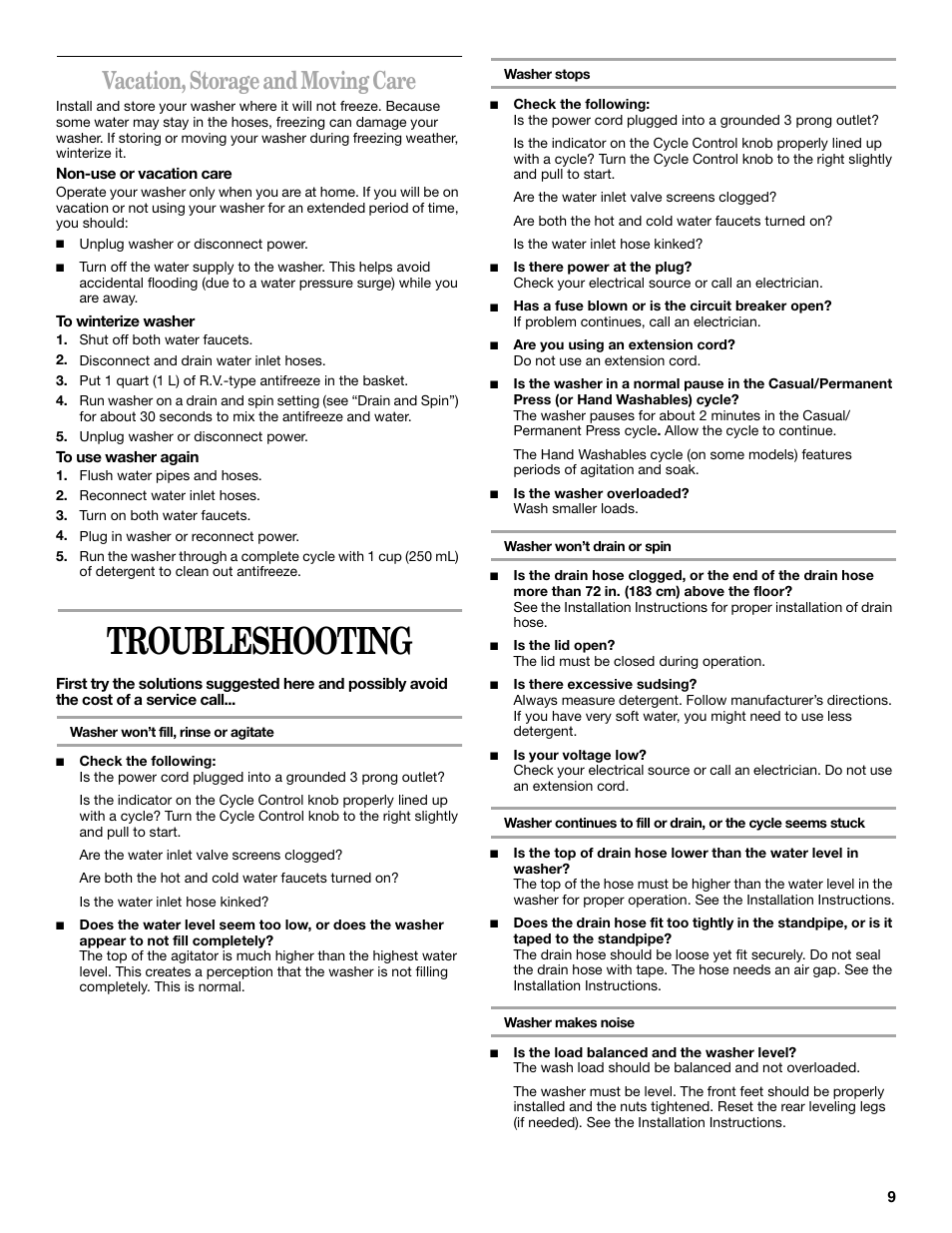 Troubleshooting, Vacation, storage and moving care | Whirlpool 3955155A User Manual | Page 9 / 12