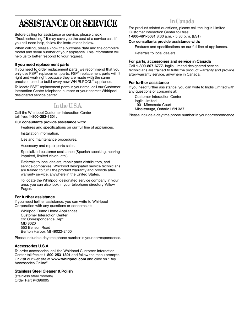 Assistance or service | Whirlpool RBD245 User Manual | Page 15 / 16