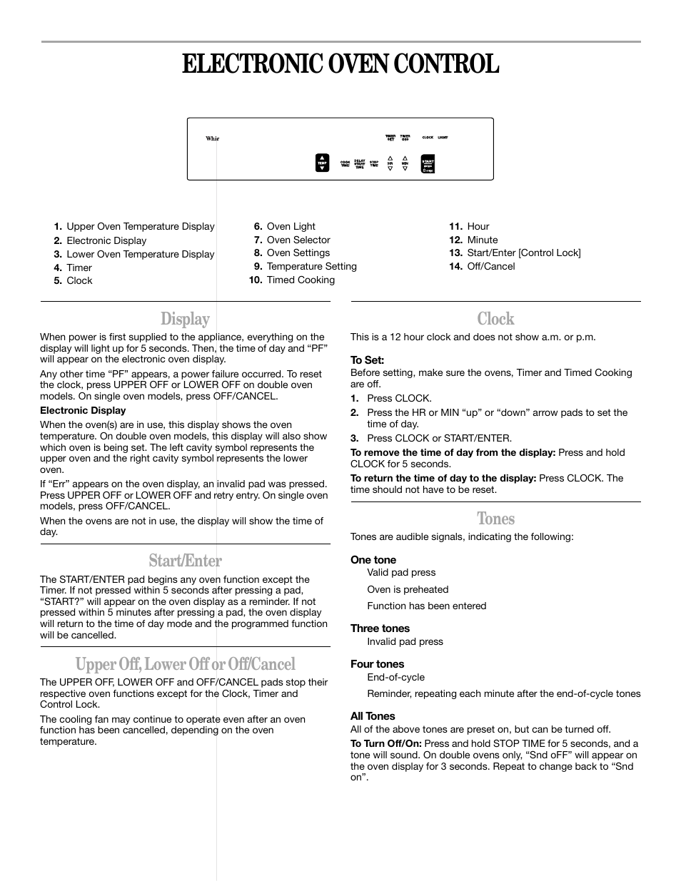 Electronic oven control, Display, Start/enter | Upper off, lower off or off/cancel, Clock, Tones | Whirlpool RBD245 User Manual | Page 6 / 16