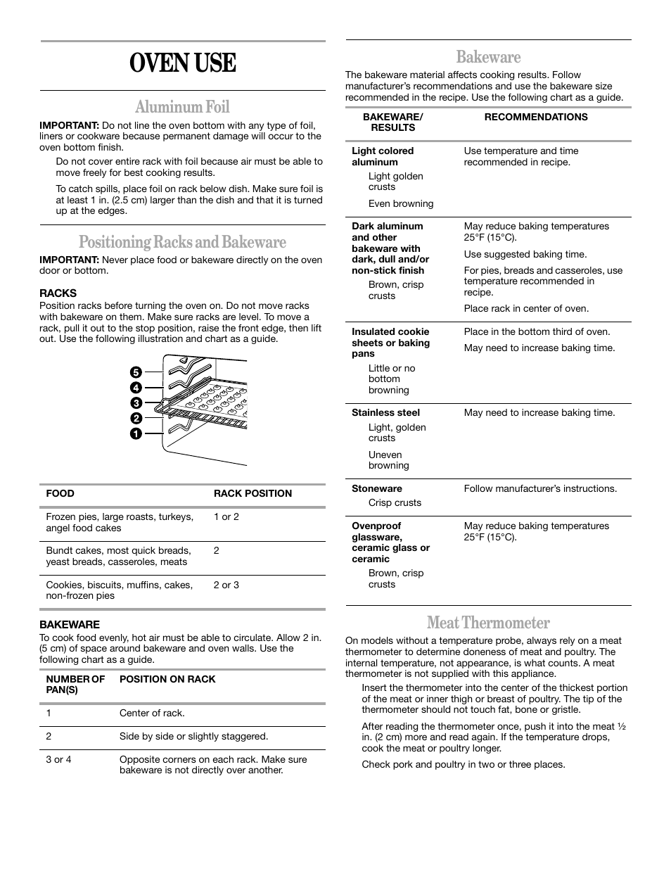 Oven use, Aluminum foil, Positioning racks and bakeware | Bakeware, Meat thermometer | Whirlpool RBD245 User Manual | Page 8 / 16