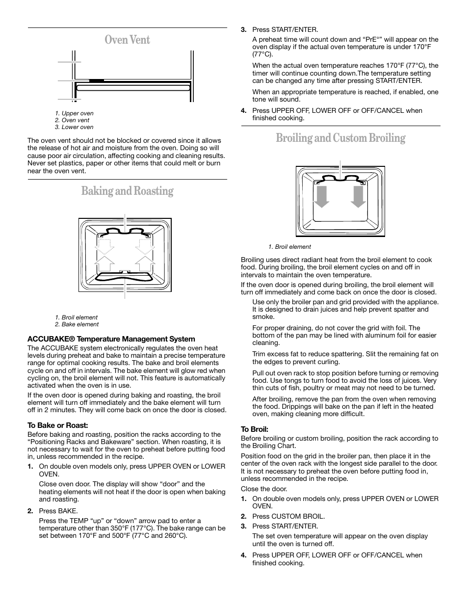 Oven vent, Baking and roasting, Broiling and custom broiling | Whirlpool RBD245 User Manual | Page 9 / 16