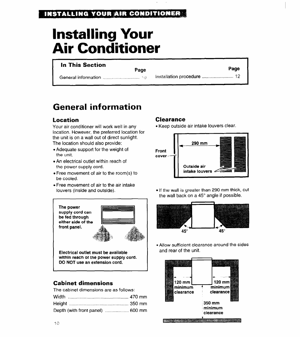 Installing your air conditioner, Ilistalling yaurj^ir comditionlir, General information | Whirlpool 3QACM07XD2 User Manual | Page 10 / 14