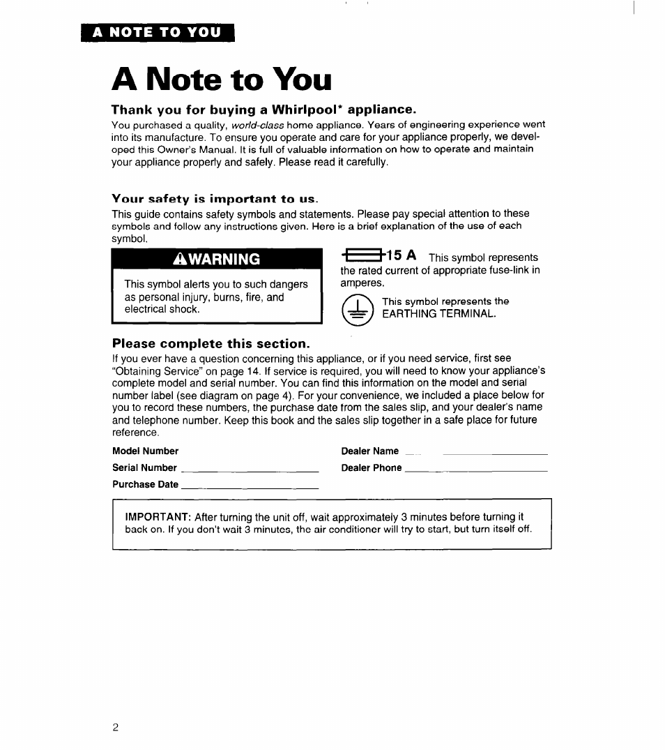 A note to you, Awarning | Whirlpool 3QACM07XD2 User Manual | Page 2 / 14