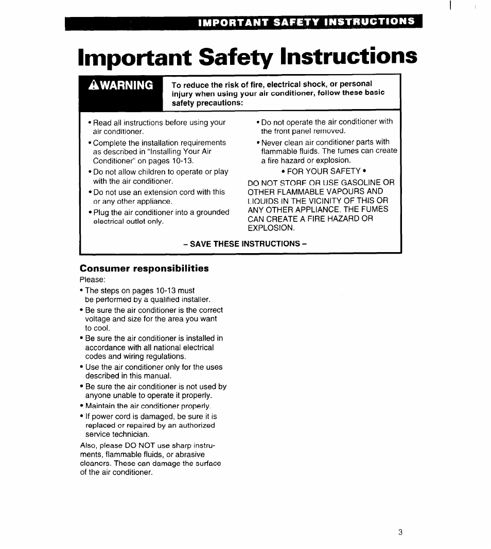 Important s af€t y | n str«| cti o n s, Important safety instructions, Save these instructions | Warning | Whirlpool 3QACM07XD2 User Manual | Page 3 / 14