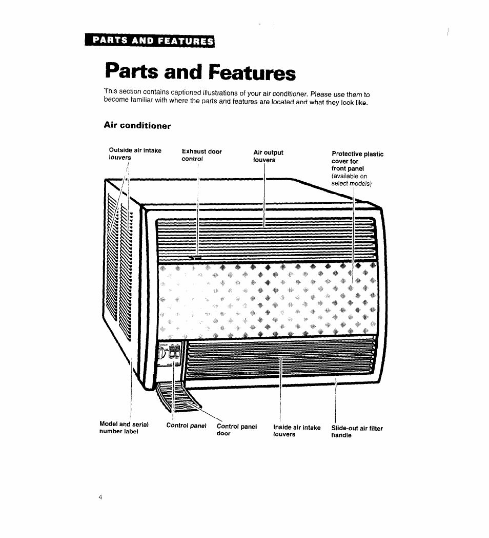 Parts and features, Air conditioner | Whirlpool 3QACM07XD2 User Manual | Page 4 / 14