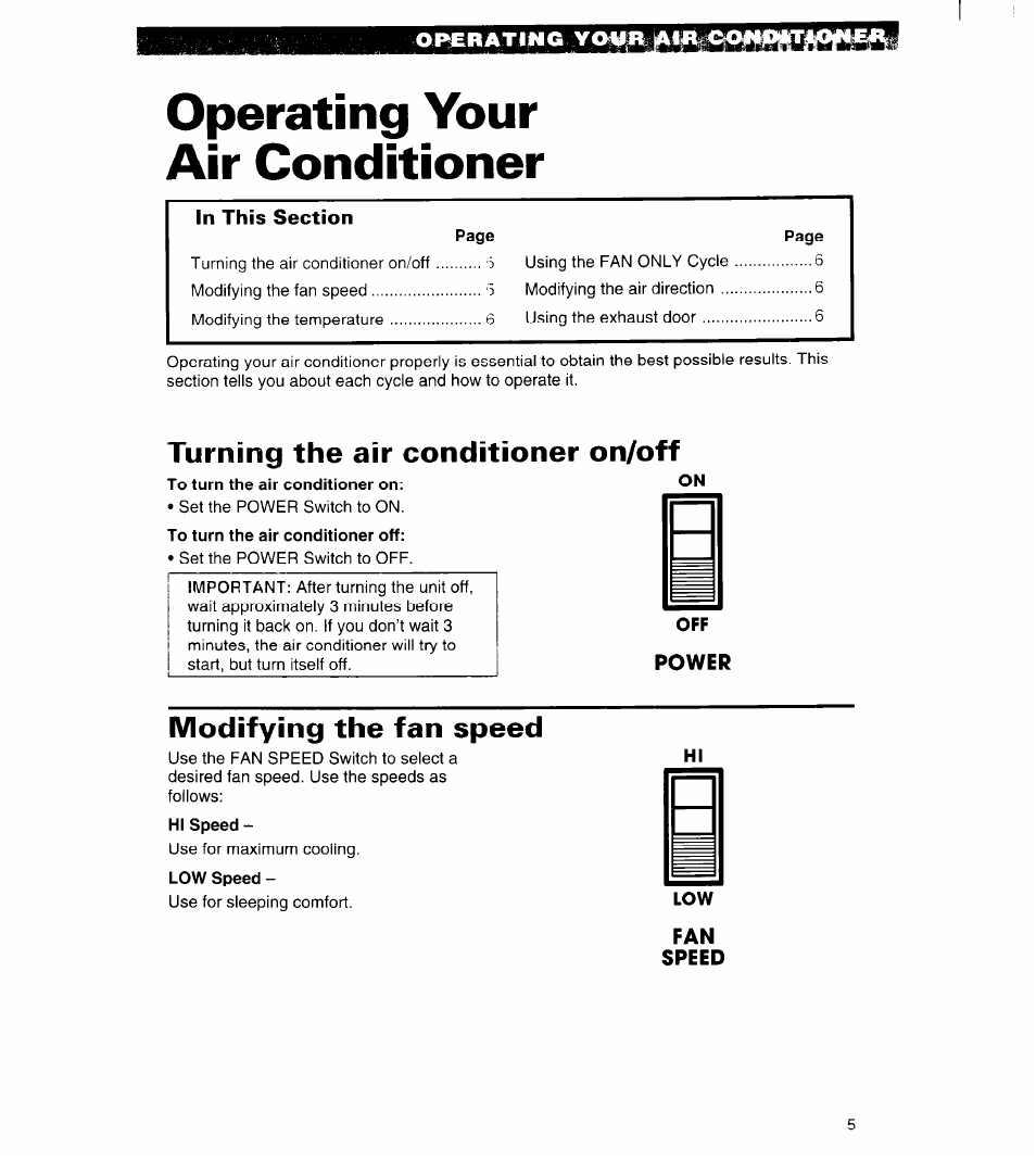 Operating your air conditioner, Turning the air conditioner on/off, To turn the air conditioner on | To turn the air conditioner off, Power, Modifying the fan speed, Speed | Whirlpool 3QACM07XD2 User Manual | Page 5 / 14