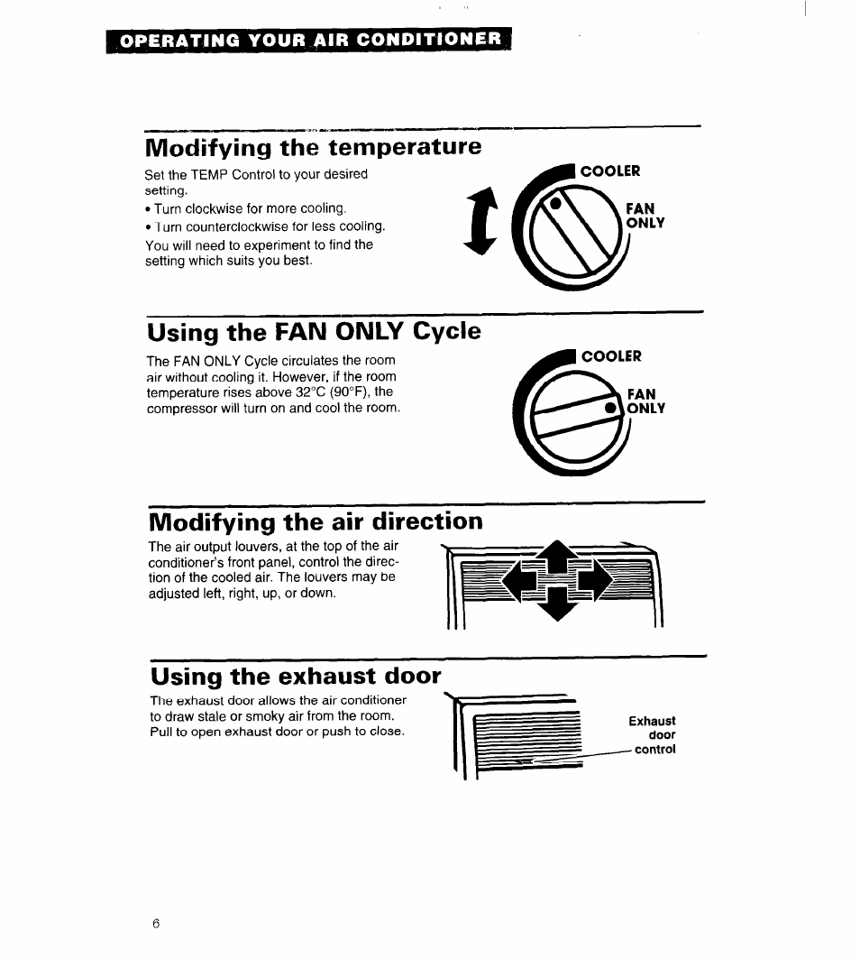 Modifying the temperature, Using the fan only cycle, Modifying the air direction | Using the exhaust door | Whirlpool 3QACM07XD2 User Manual | Page 6 / 14