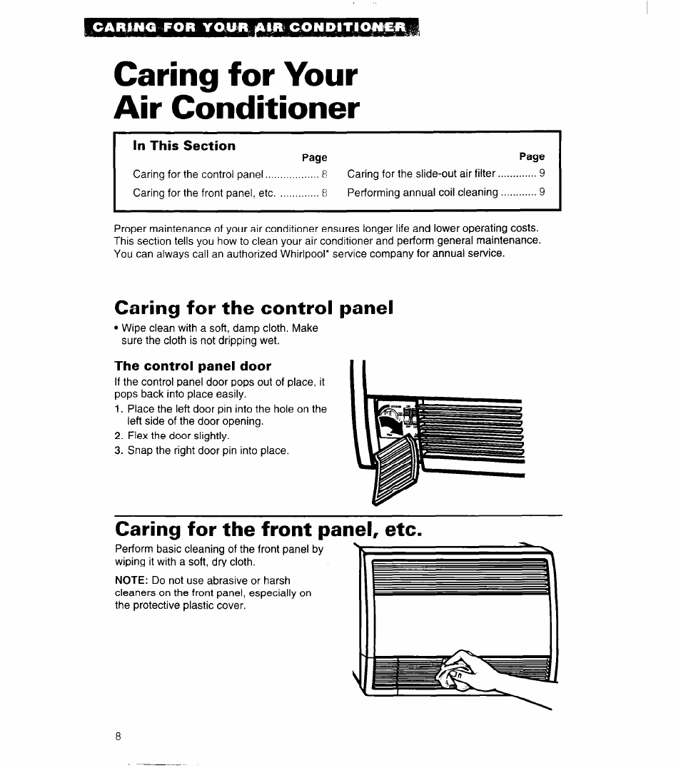 Caring for your air conditioner, Caring for the control panel, Caring for the front panel, etc | Sbnznnhinii caring for your air conditioner | Whirlpool 3QACM07XD2 User Manual | Page 8 / 14