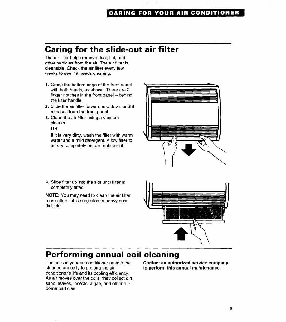 Caring for the slide-out air filter, Performing annual coil cleaning | Whirlpool 3QACM07XD2 User Manual | Page 9 / 14