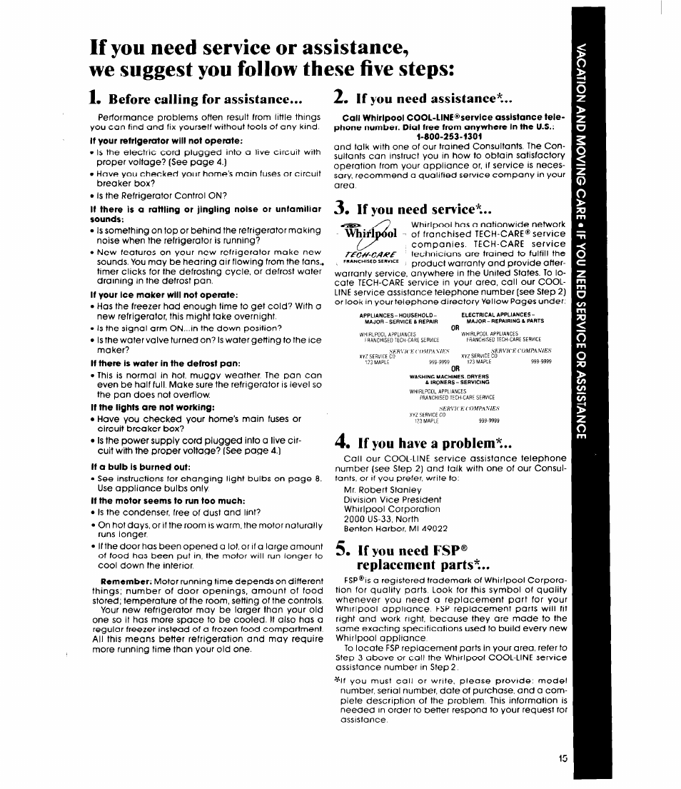 If you need service, If you have a problem, If you need fsp® replacement parts | Before ealling for assistance, If you need assistance, Whirlpool | Whirlpool ET20GM User Manual | Page 15 / 16