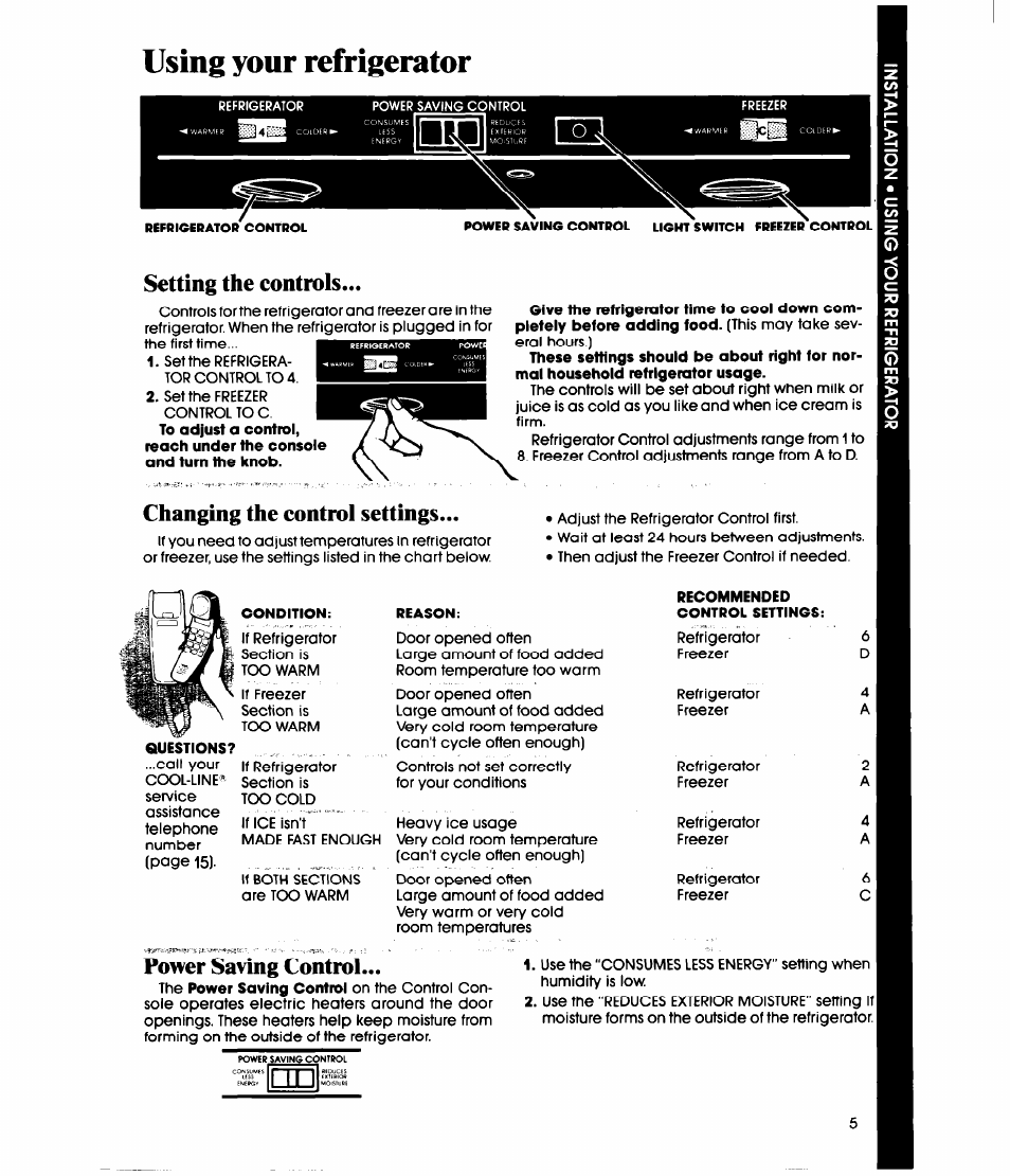 Using your refrigerator, Setting the controls, Changing the control settings | Power saving control | Whirlpool ET20GM User Manual | Page 5 / 16