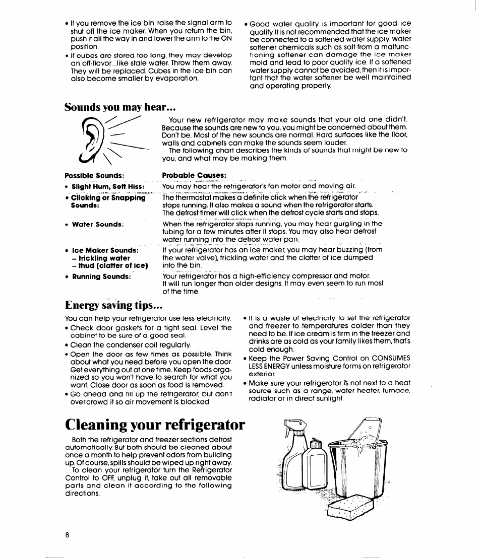 Cleaning your refrigerator, Sounds you may hear, Energy saving tips | Whirlpool ET20GM User Manual | Page 8 / 16