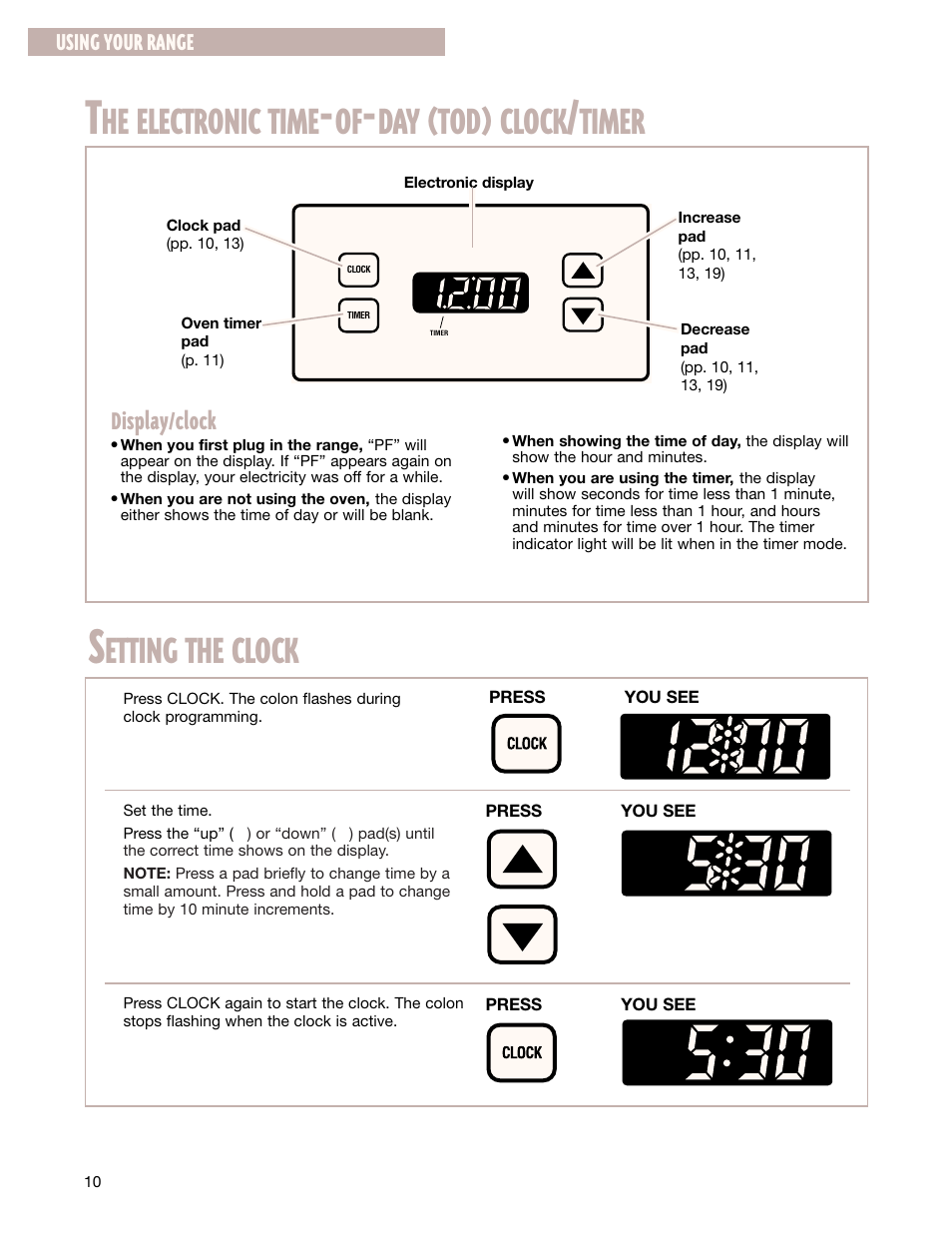 He electronic time, Clock, Timer | Etting the clock | Whirlpool FGS337G User Manual | Page 10 / 32