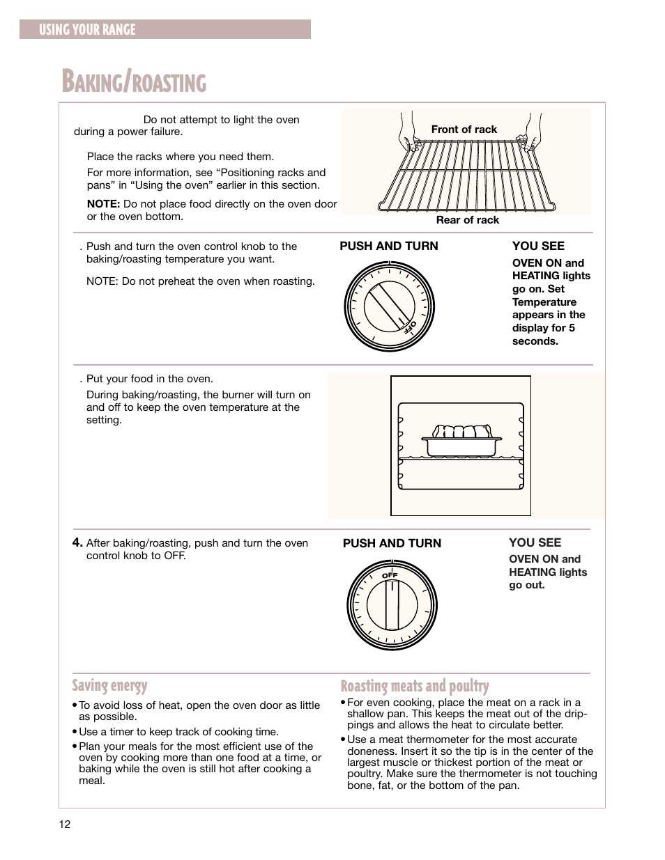 Aking, Roasting, Saving energy | Roasting meats and poultry, Using your range, You see, Push and turn | Whirlpool FGS337G User Manual | Page 12 / 32
