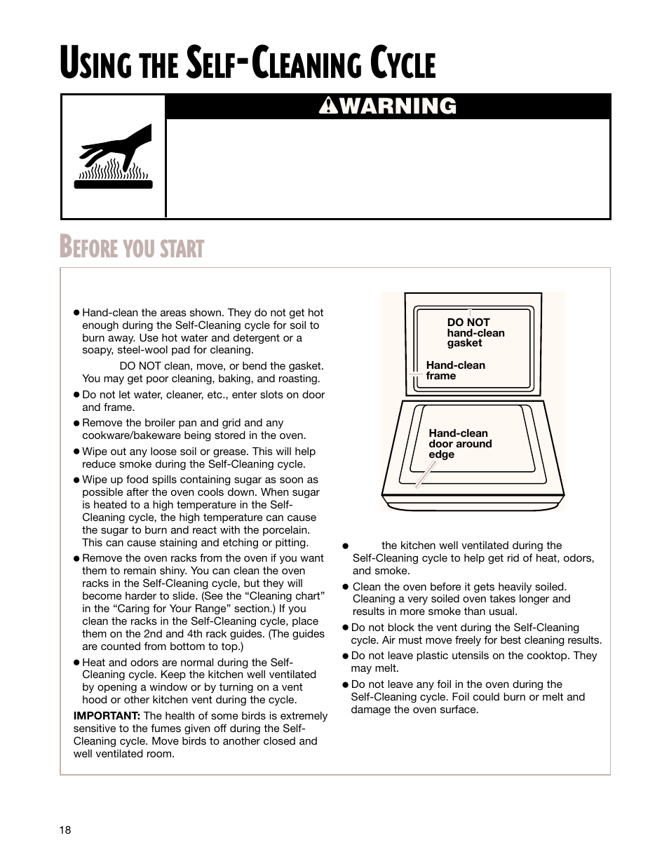 Sing the, Leaning, Ycle | Efore you start, Wwarning | Whirlpool FGS337G User Manual | Page 18 / 32