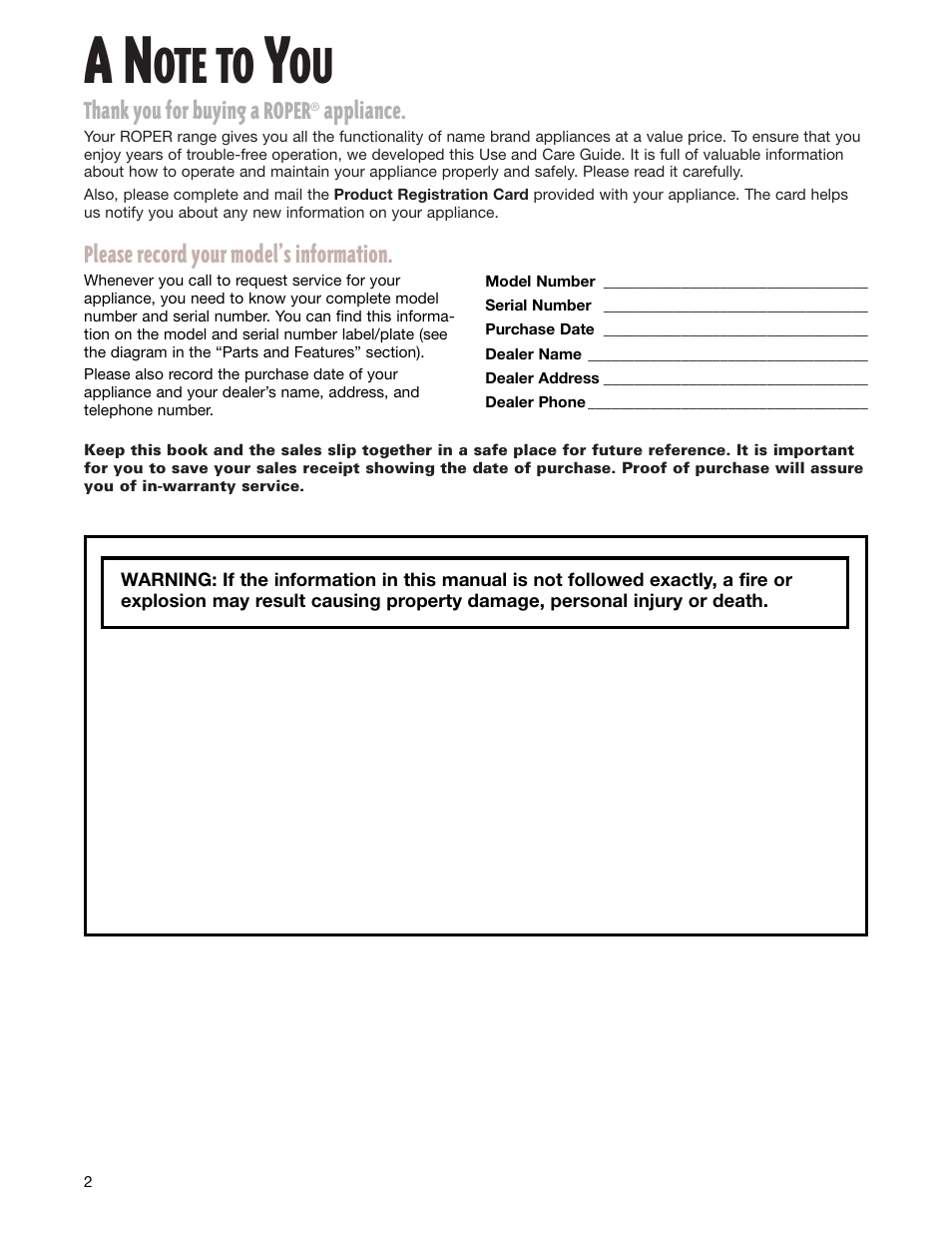 Ote to, Appliance, Please record your model’s information | Whirlpool FGS337G User Manual | Page 2 / 32