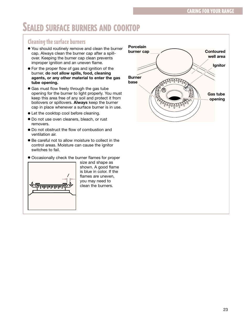 Ealed surface burners and cooktop, Cleaning the surface burners, Caring for your range | Whirlpool FGS337G User Manual | Page 23 / 32