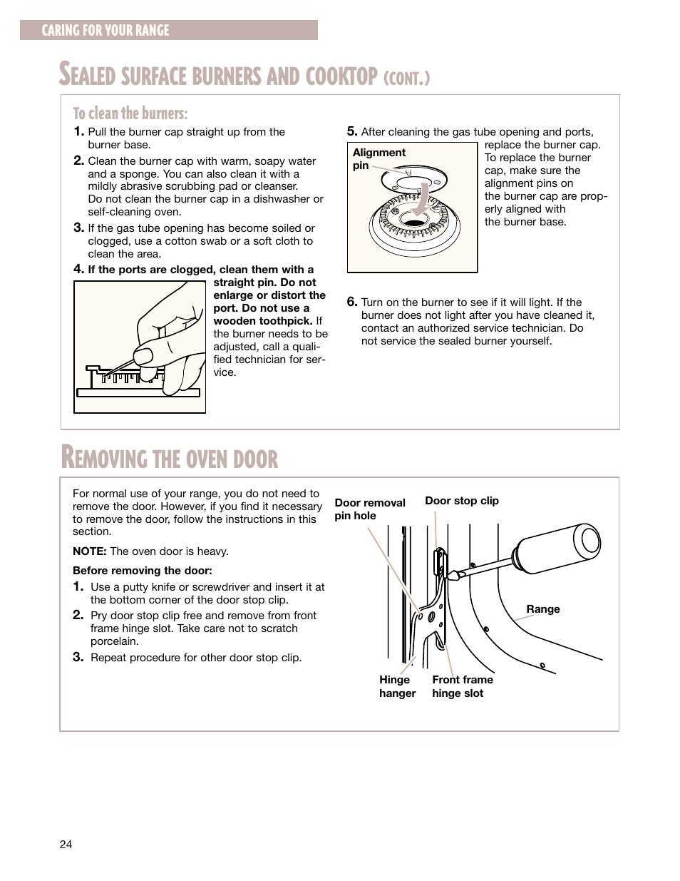 Emoving the oven door, Ealed surface burners and cooktop, Cont | Caring for your range | Whirlpool FGS337G User Manual | Page 24 / 32