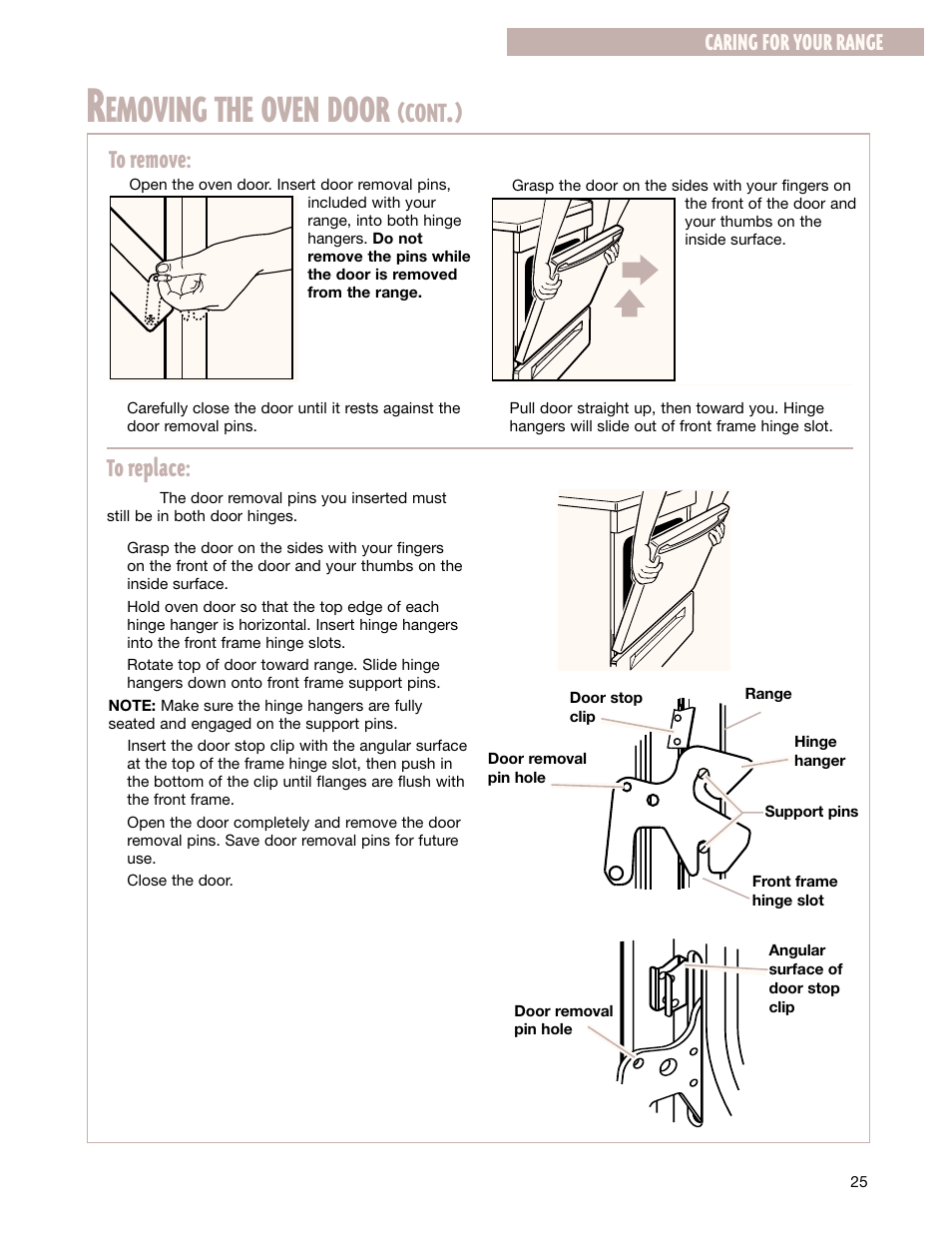 Emoving the oven door, Cont, Caring for your range | Whirlpool FGS337G User Manual | Page 25 / 32