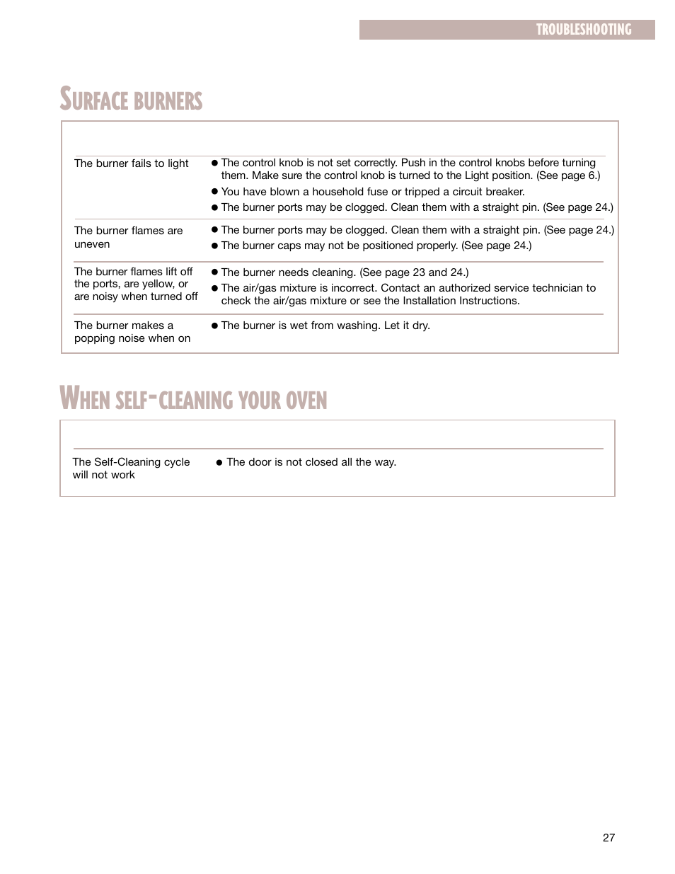 Urface burners, Hen self, Cleaning your oven | Whirlpool FGS337G User Manual | Page 27 / 32