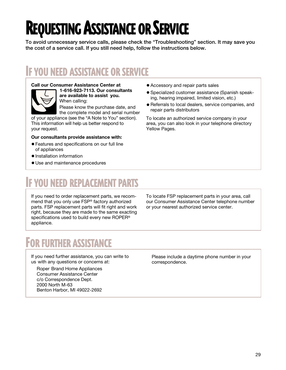 Equesting, Ssistance, Ervice | Need, Assistance, Service, Replacement, Parts, Further | Whirlpool FGS337G User Manual | Page 29 / 32