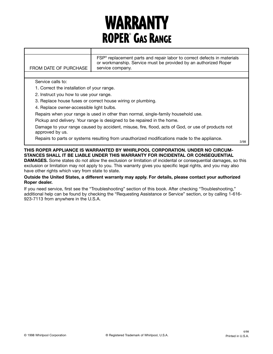 Warranty, Roper, Ange | Whirlpool FGS337G User Manual | Page 32 / 32
