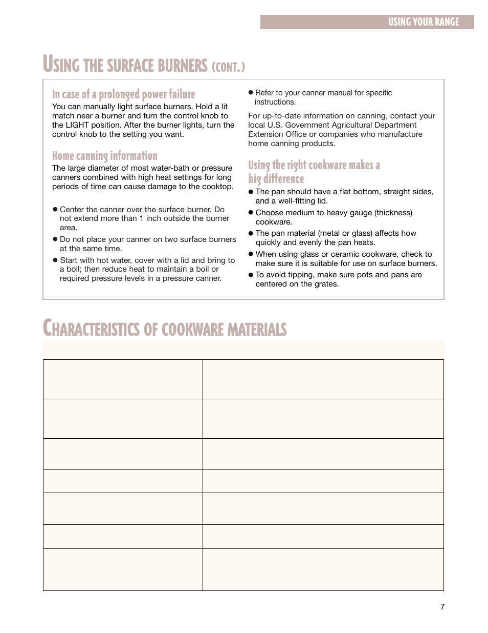 Sing the surface burners, Haracteristics of cookware materials, Cont | Home canning information, Using the right cookware makes a big difference, Using your range | Whirlpool FGS337G User Manual | Page 7 / 32