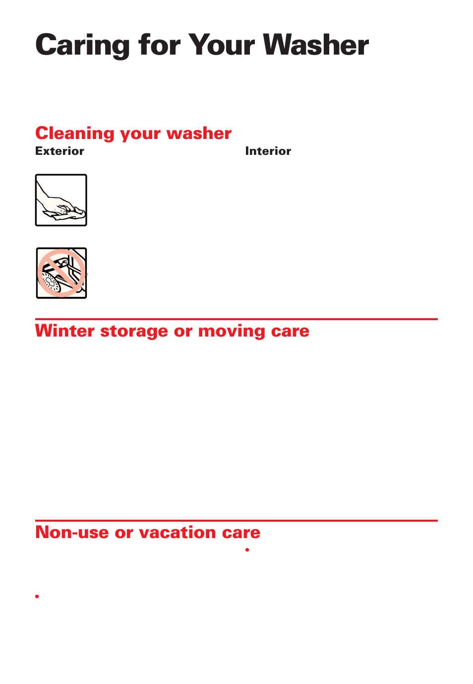 Caring for your washer, Cleaning your washer, Winter storage or moving care | Non-use or vacation care | Whirlpool Roper RAB3132EW0 User Manual | Page 14 / 28