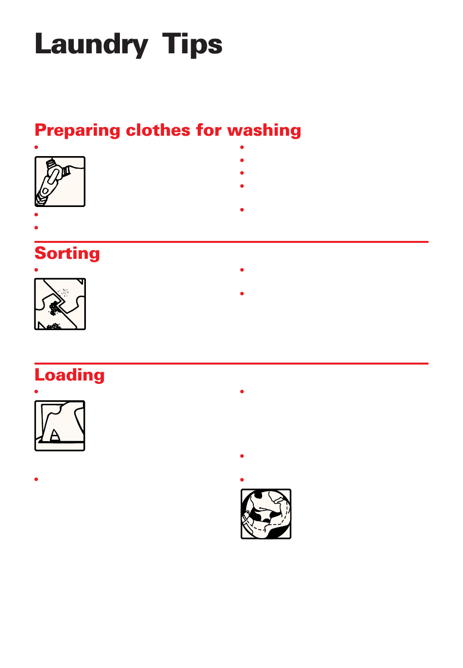 Laundry tips, Preparing clothes for washing, Sorting | Loading | Whirlpool Roper RAB3132EW0 User Manual | Page 15 / 28