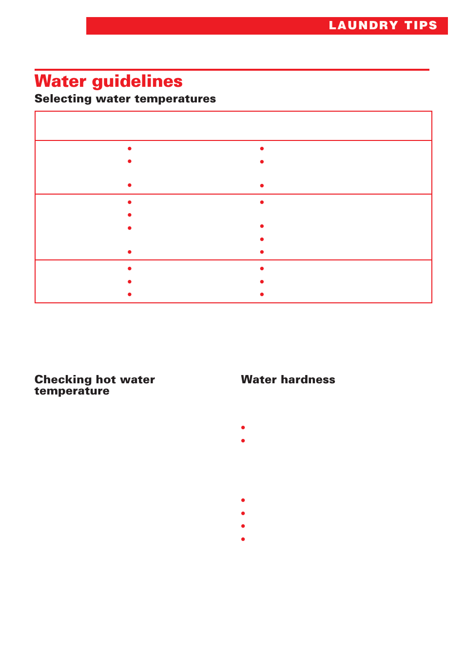 Water guidelines, Selecting water temperatures, Checking hot water temperature | Water hardness | Whirlpool Roper RAB3132EW0 User Manual | Page 17 / 28