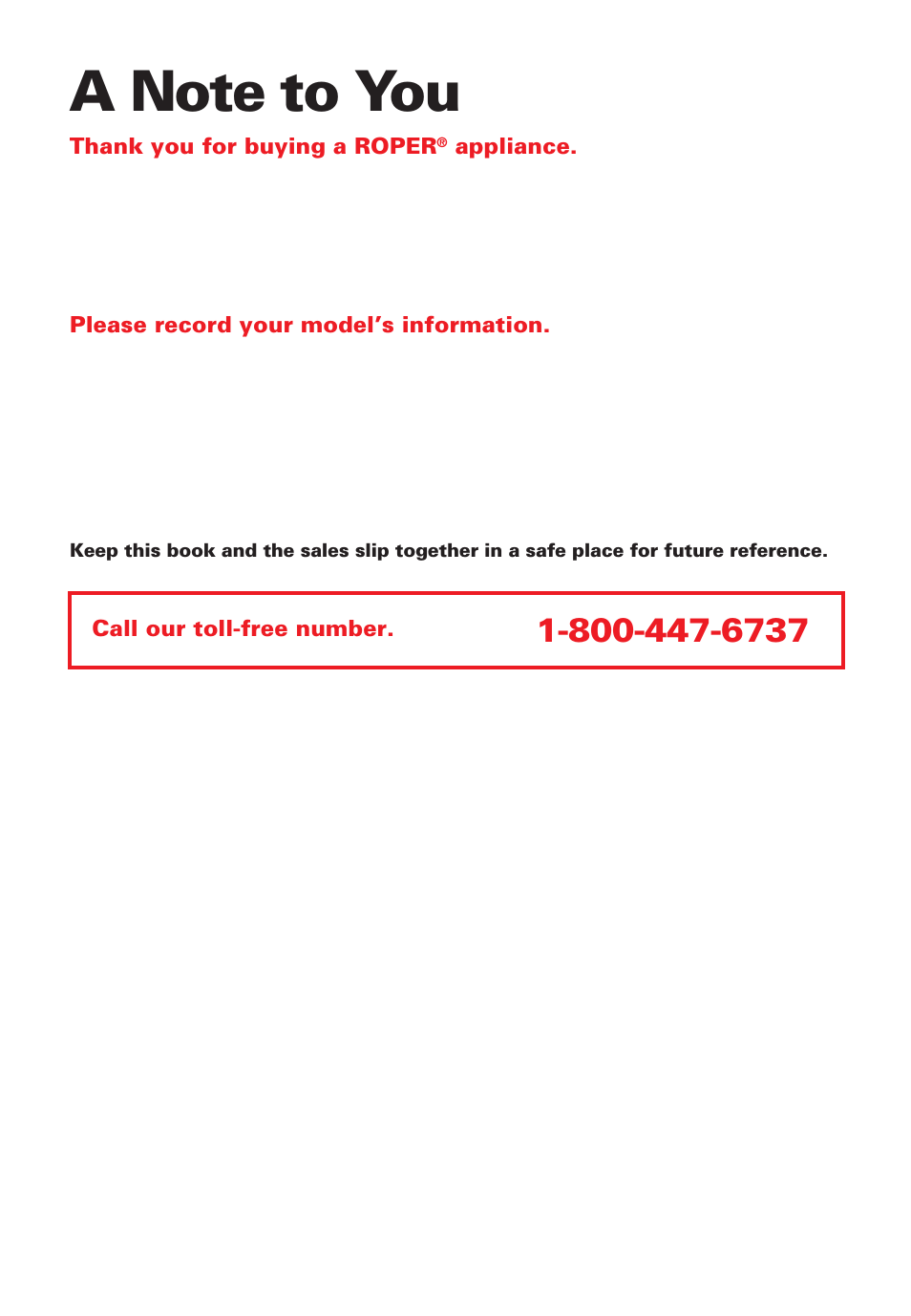 A note to you | Whirlpool Roper RAB3132EW0 User Manual | Page 2 / 28