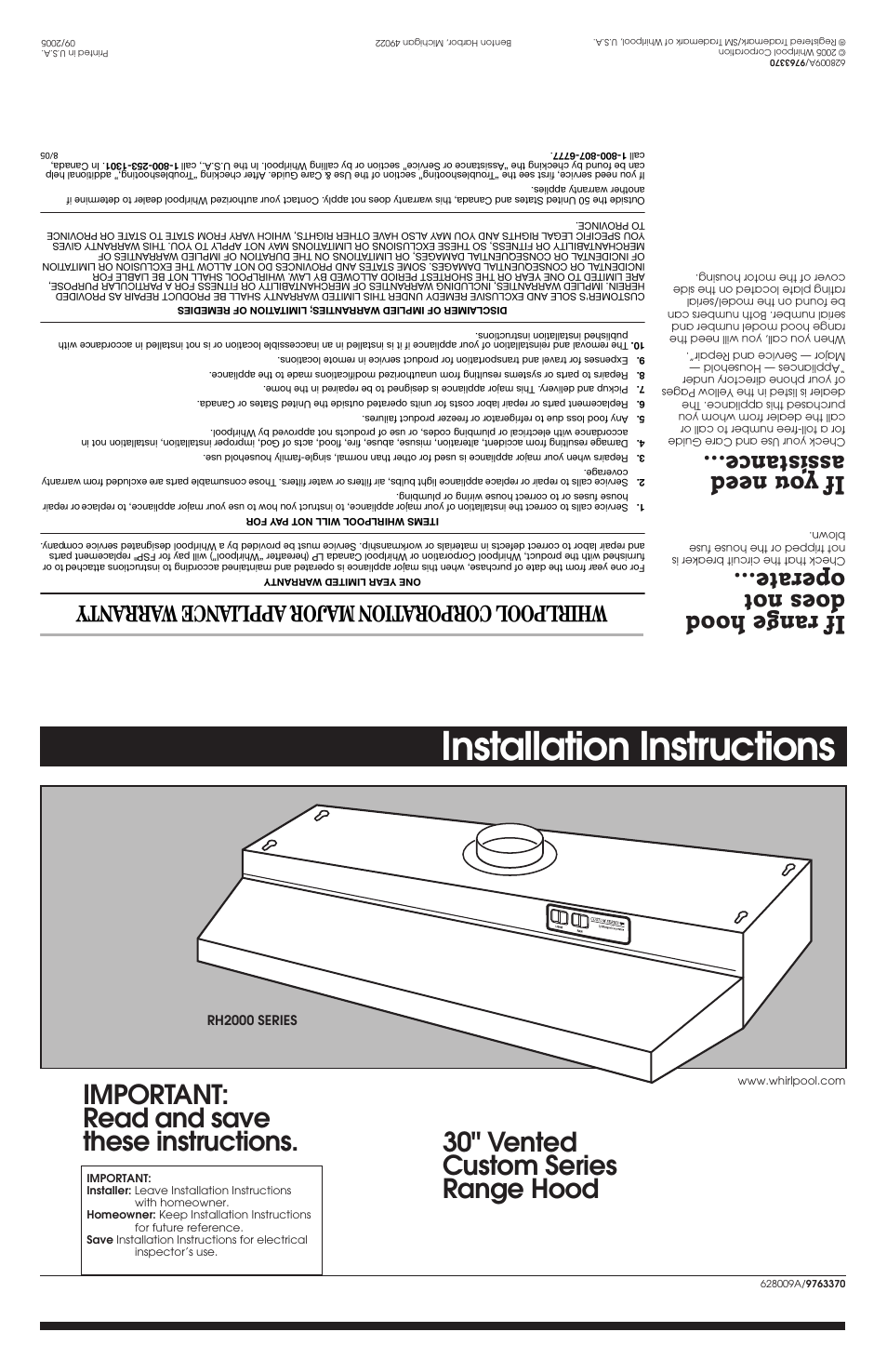 Whirlpool RH2000 User Manual | 5 pages