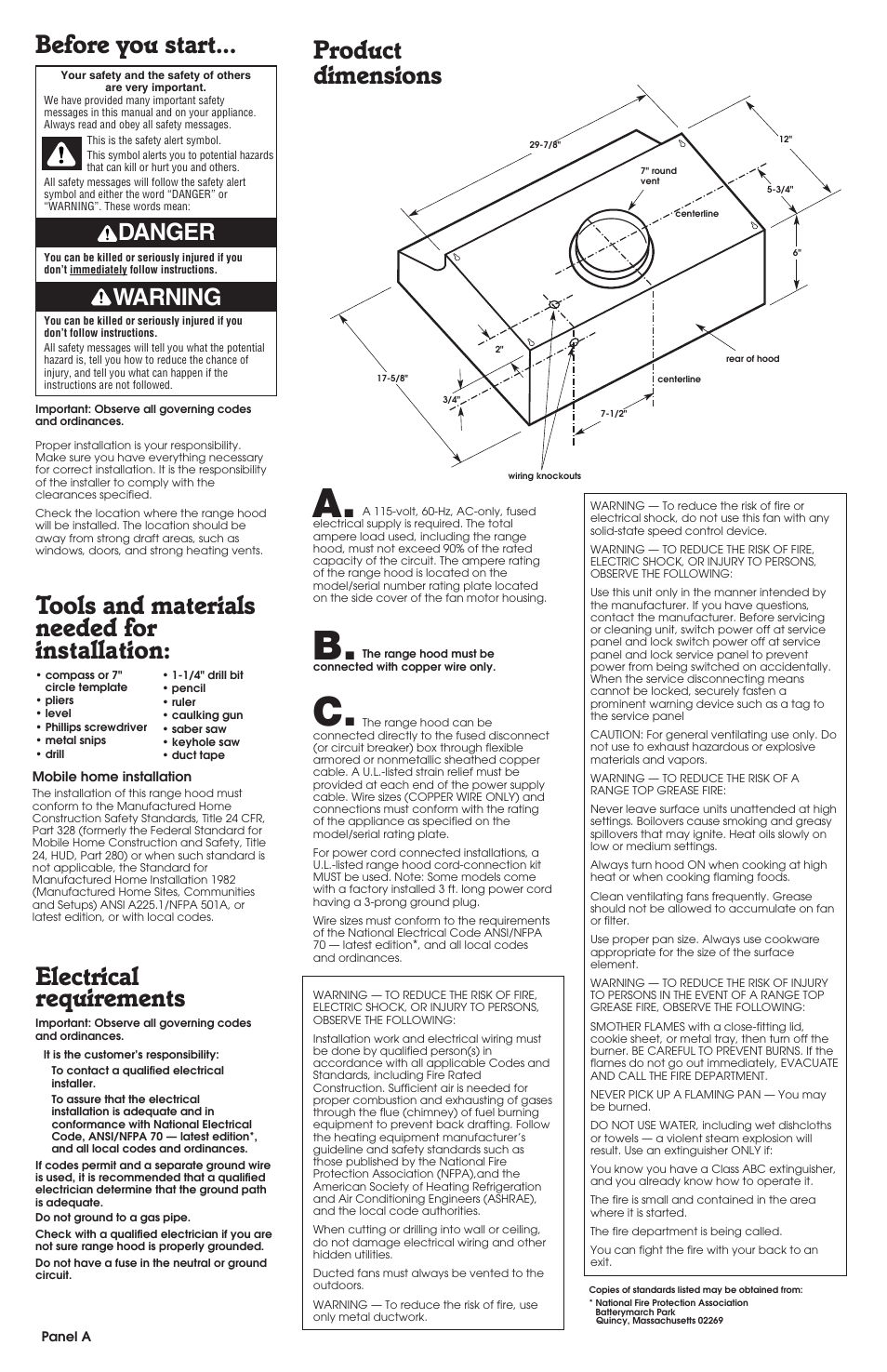 Before you start, Product dimensions, Danger warning | Whirlpool RH2000 User Manual | Page 2 / 5