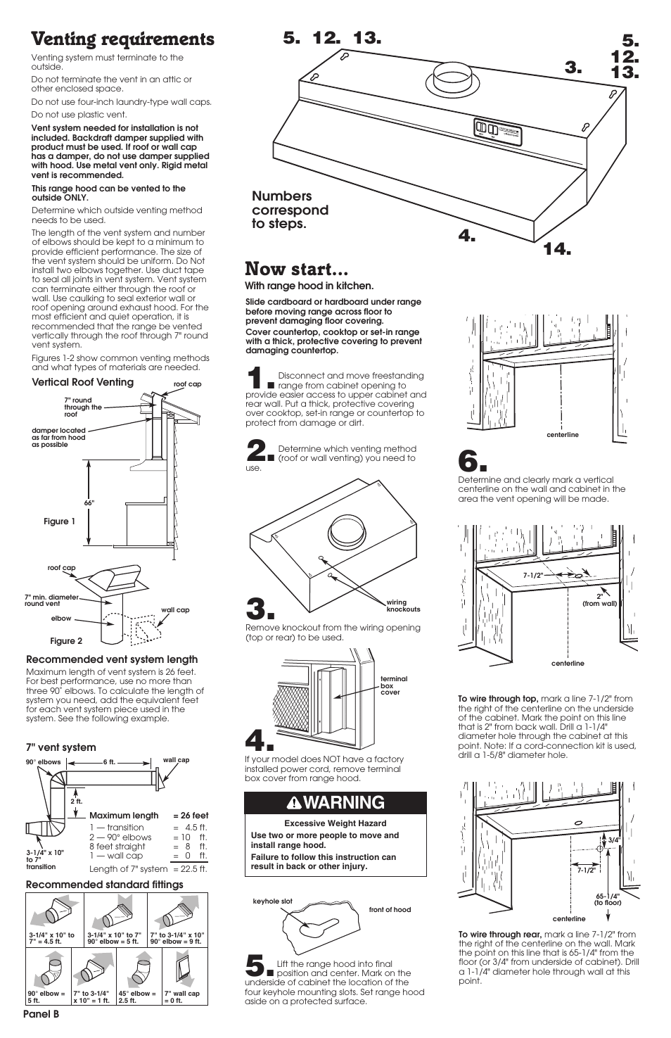 Venting requirements, Now start, Warning | Numbers correspond to steps | Whirlpool RH2000 User Manual | Page 3 / 5