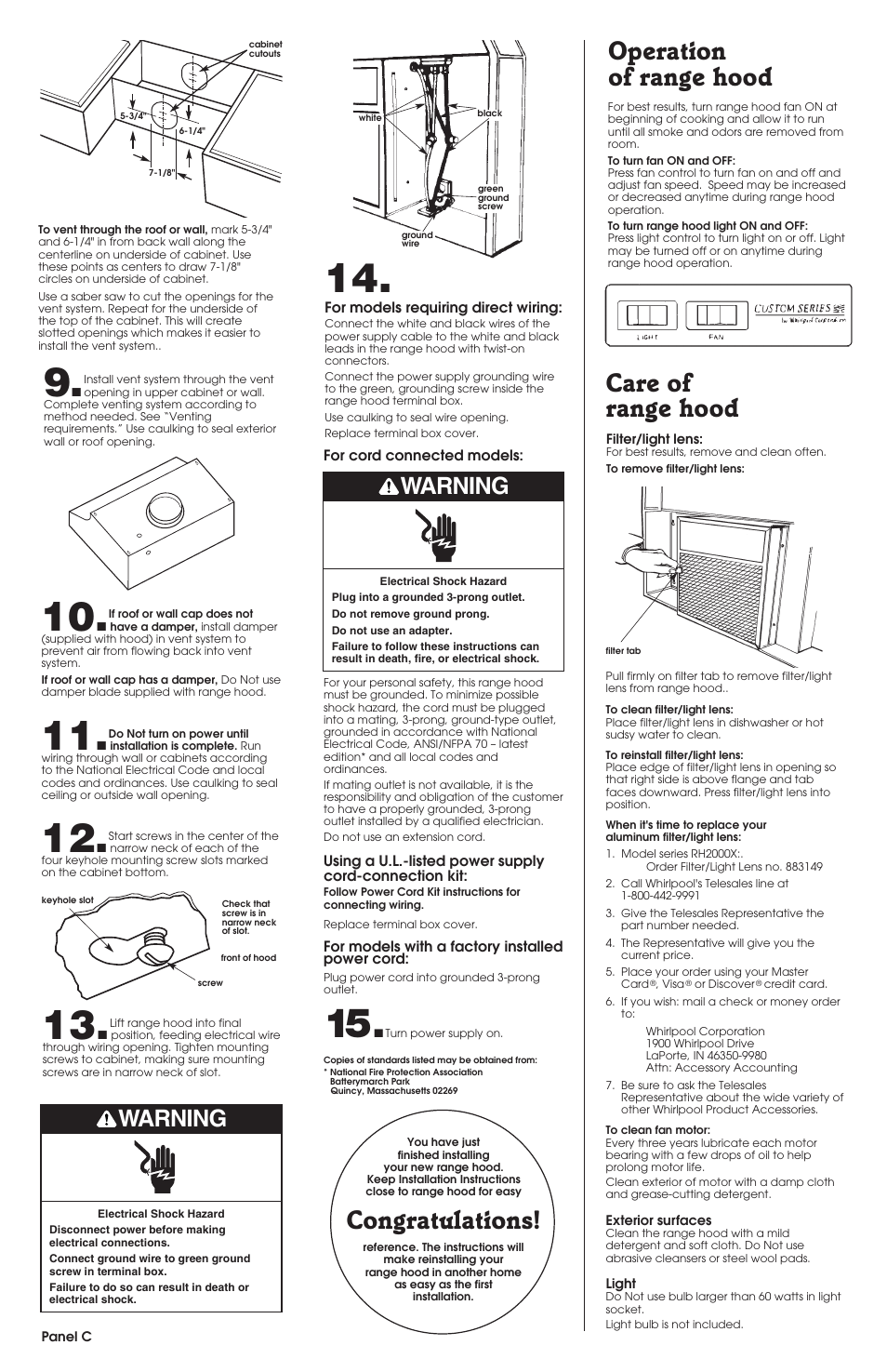 Care of range hood, Operation of range hood, Warning | Whirlpool RH2000 User Manual | Page 4 / 5