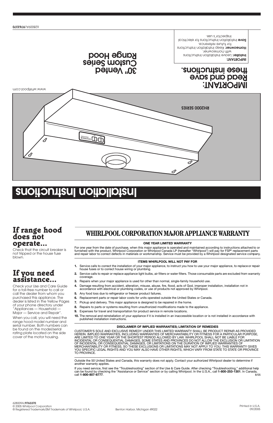 Installation instructions, Important : read and save these instructions, If you need assistance | Whirlpool corporation major appliance warranty | Whirlpool RH2000 User Manual | Page 5 / 5
