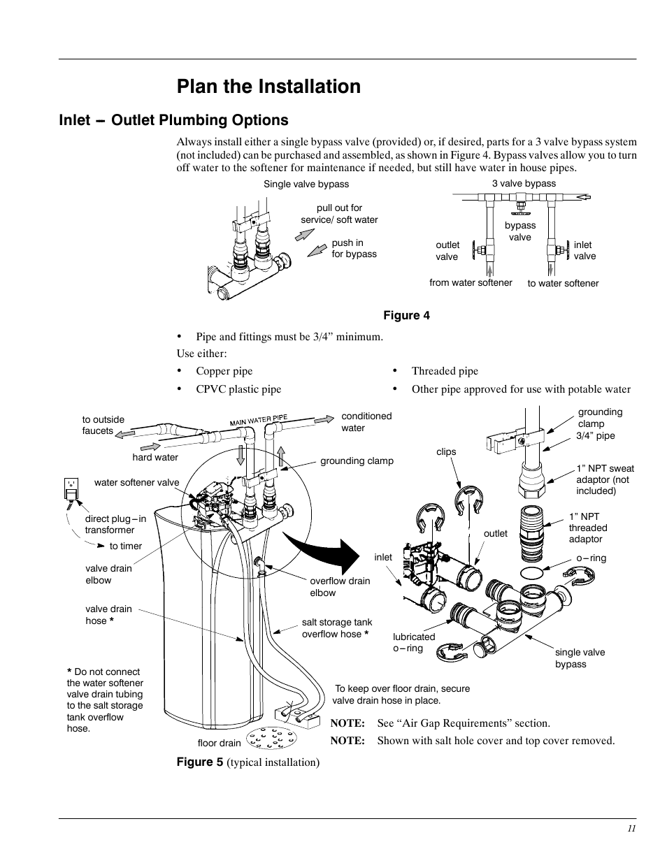 Plan the installation, Inlet --- outlet plumbing options | Whirlpool WHES30 User Manual | Page 11 / 39