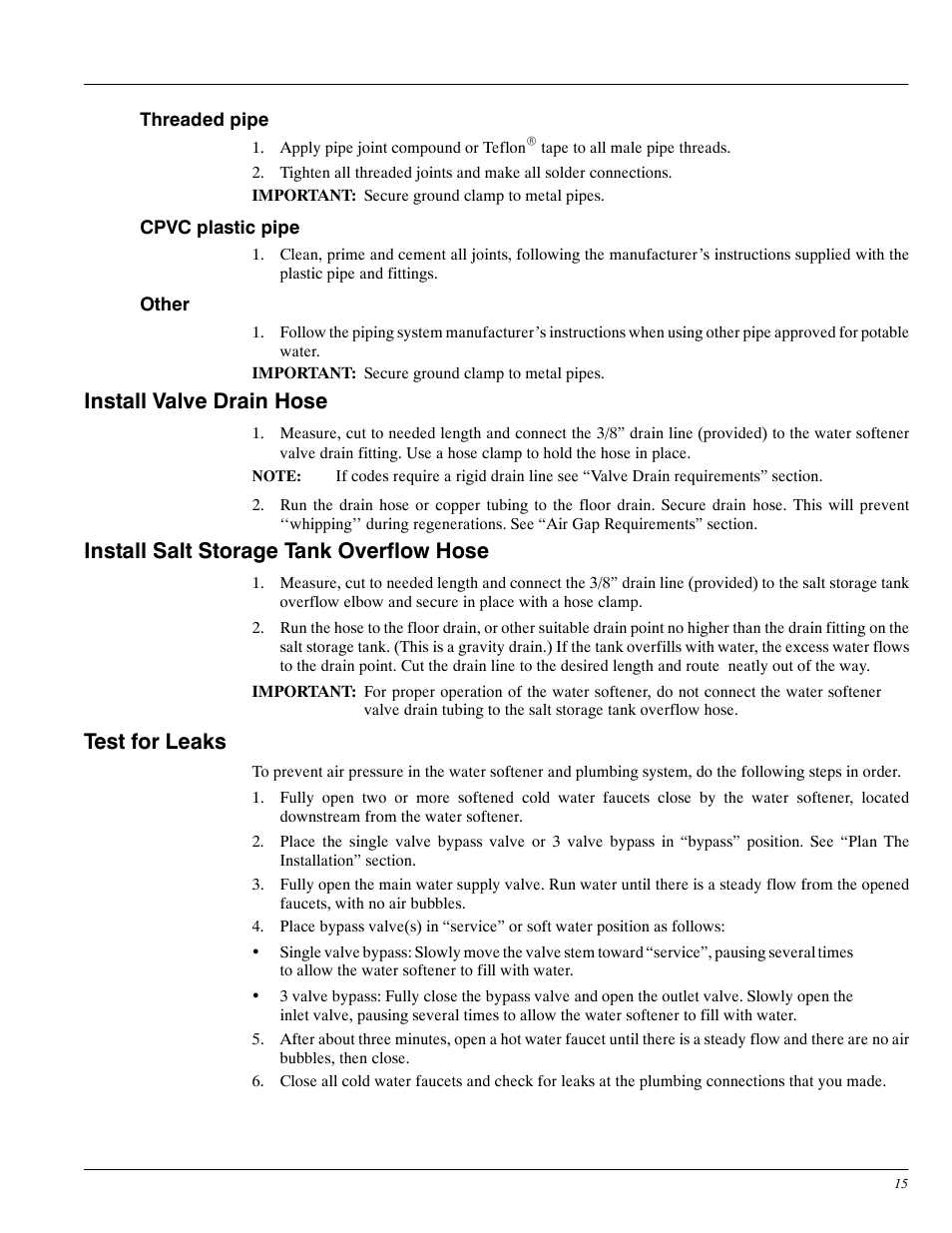 Install valve drain hose, Install salt storage tank overflow hose, Test for leaks | Whirlpool WHES30 User Manual | Page 15 / 39