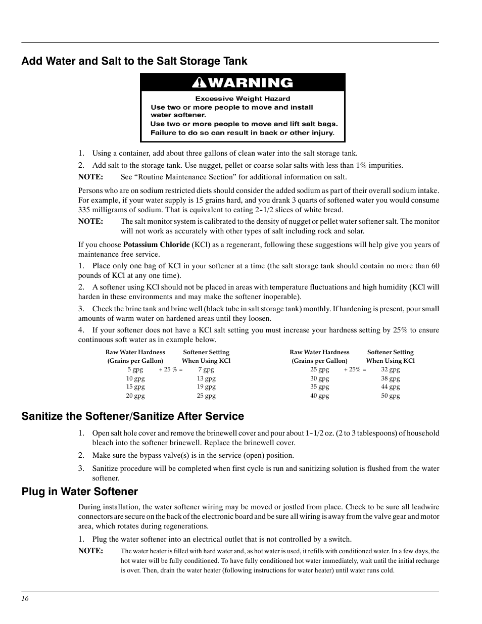 Add water and salt to the salt storage tank, Sanitize the softener/sanitize after service, Plug in water softener | Whirlpool WHES30 User Manual | Page 16 / 39