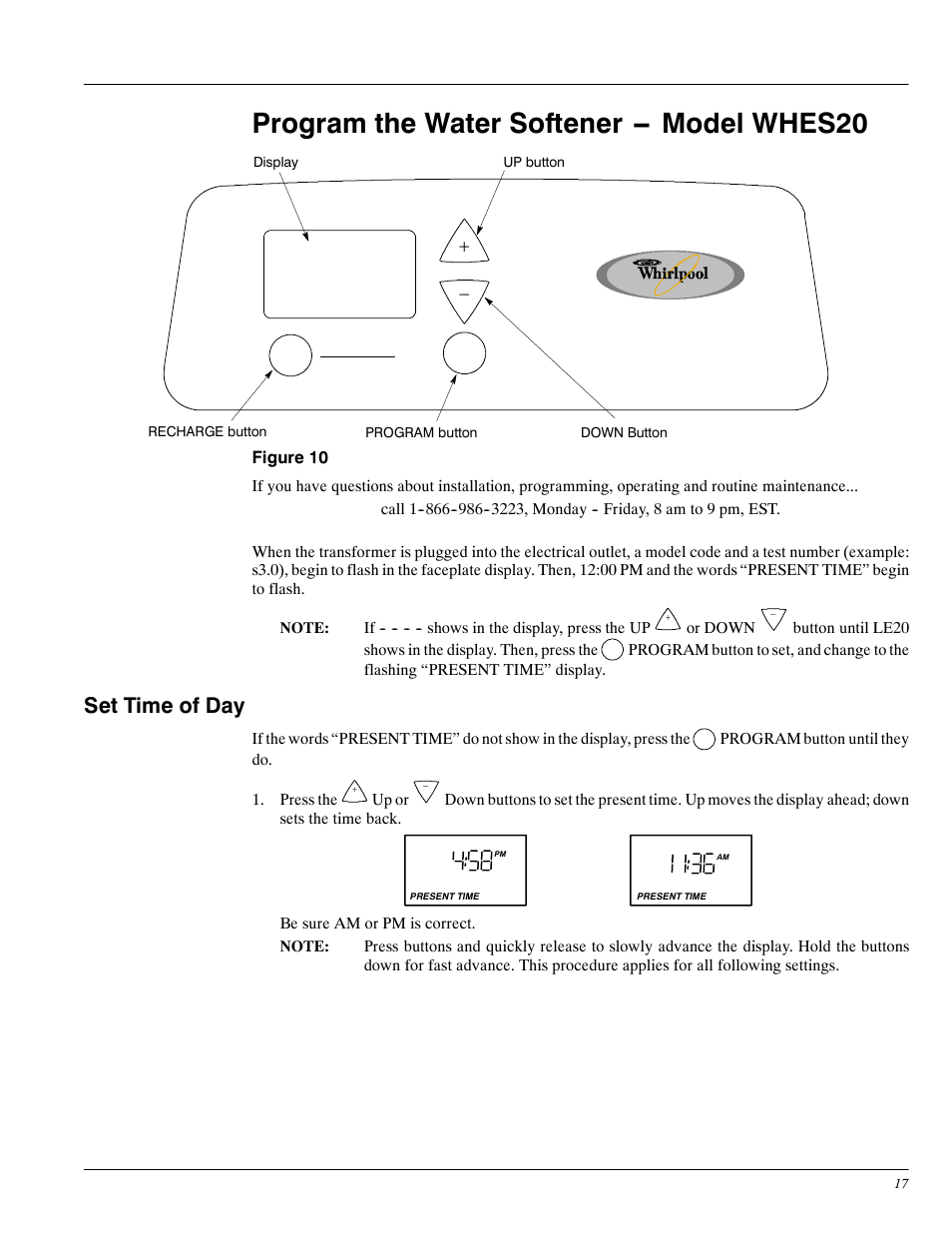 Program the water softener -- model whes20, Set time of day | Whirlpool WHES30 User Manual | Page 17 / 39