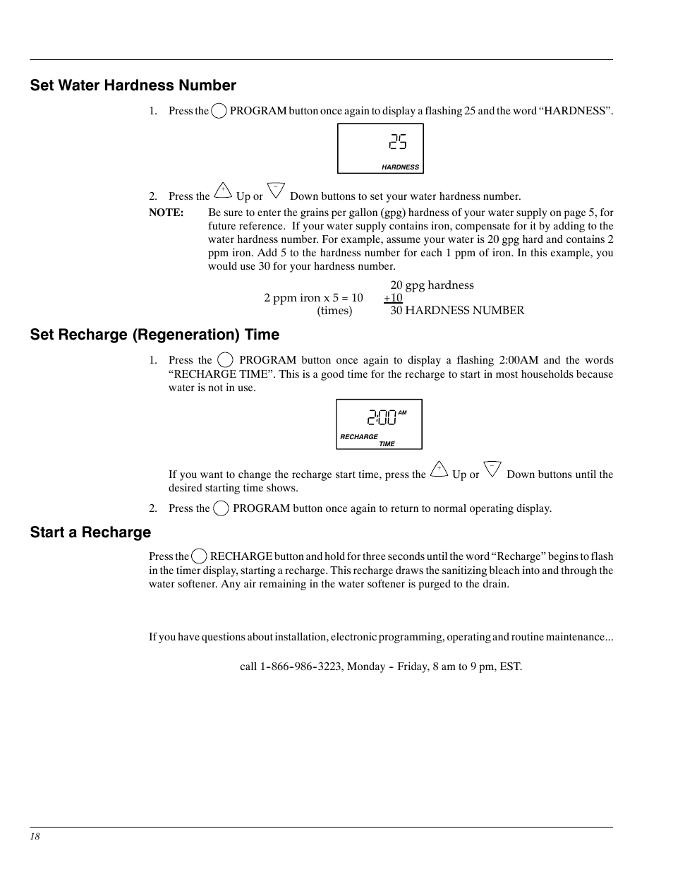 Set water hardness number, Set recharge (regeneration) time, Start a recharge | Whirlpool WHES30 User Manual | Page 18 / 39