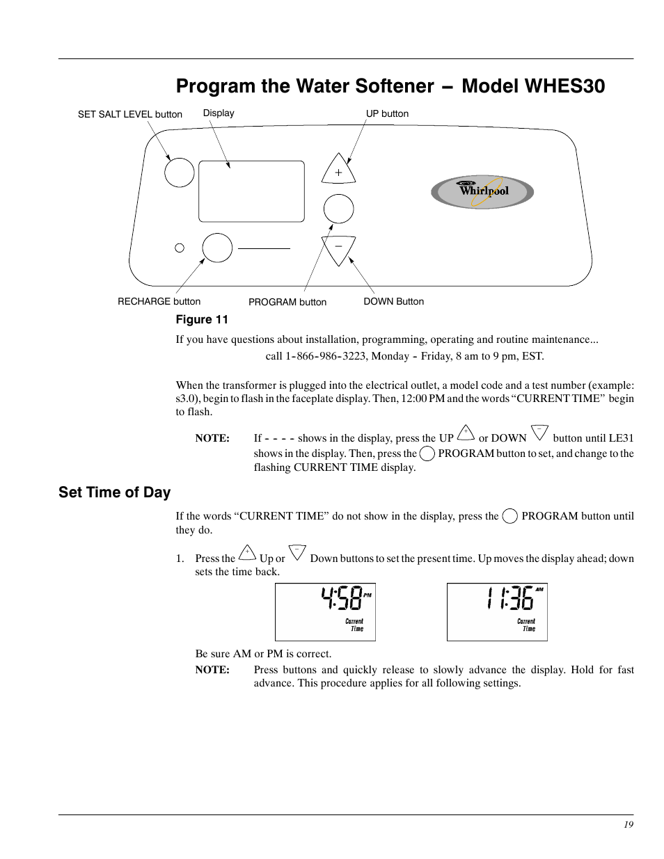 Program the water softener -- model whes30, Set time of day | Whirlpool WHES30 User Manual | Page 19 / 39