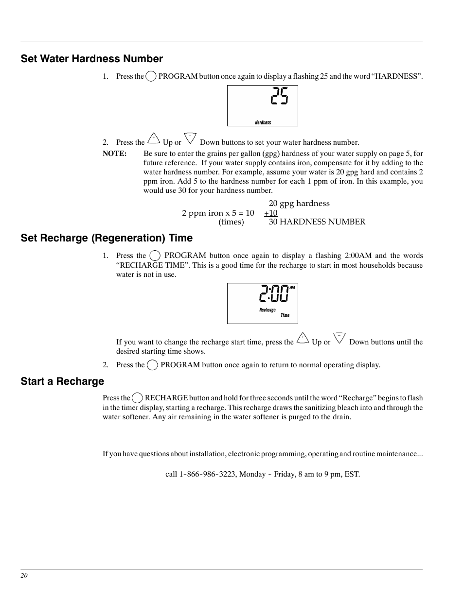 Set water hardness number, Set recharge (regeneration) time, Start a recharge | Whirlpool WHES30 User Manual | Page 20 / 39